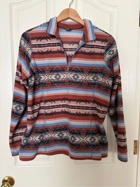 Eddie Bauer Women’s Zip-Up Sweater in Rust, Light Blue & Cream Aztec Stripe